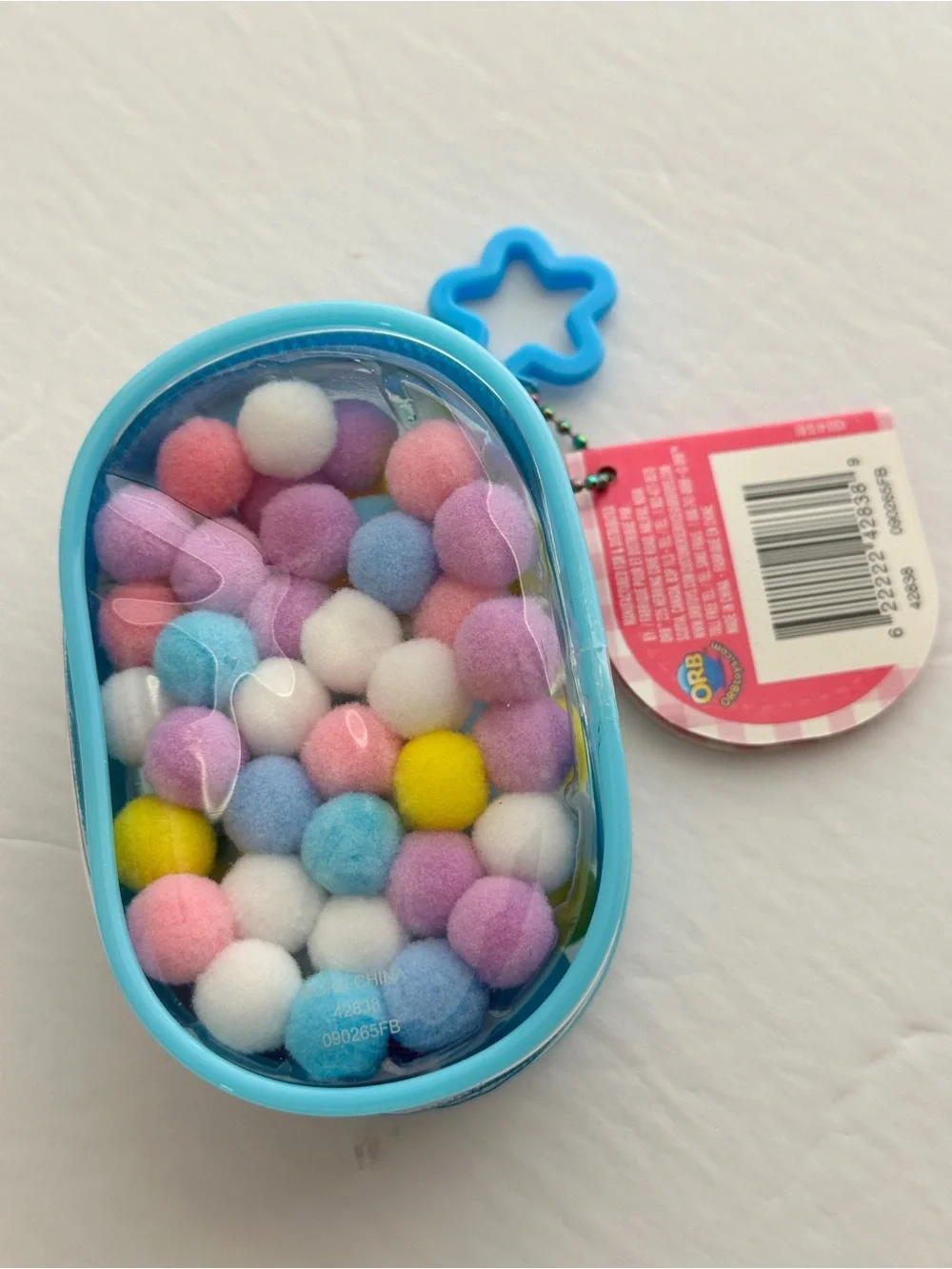 Taba-licious Gacha Pouch Keychain Blue with Colorful Pom-Poms New